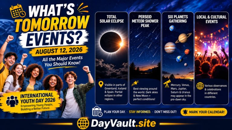 What’s Tomorrow Events? August 12, 2026 event guide featuring International Youth Day, a total solar eclipse, Perseid meteor shower, six-planet gathering, and local cultural events, with DayVault.site branding.