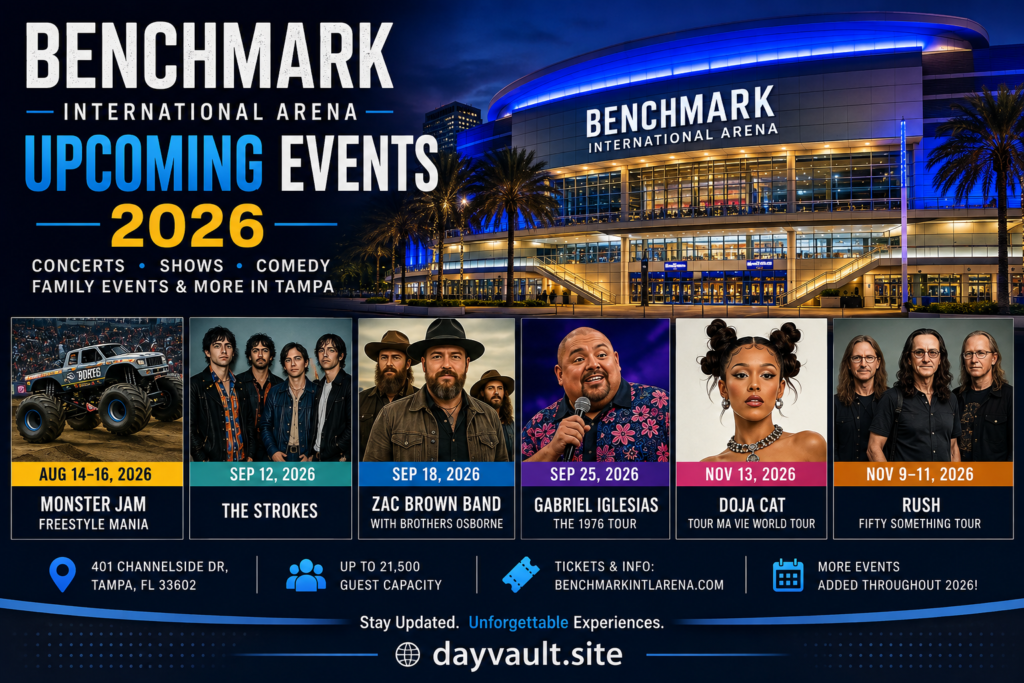 Benchmark International Arena upcoming events 2026 featuring Monster Jam, The Strokes, Zac Brown Band, Gabriel Iglesias, Doja Cat and RUSH in Tampa.