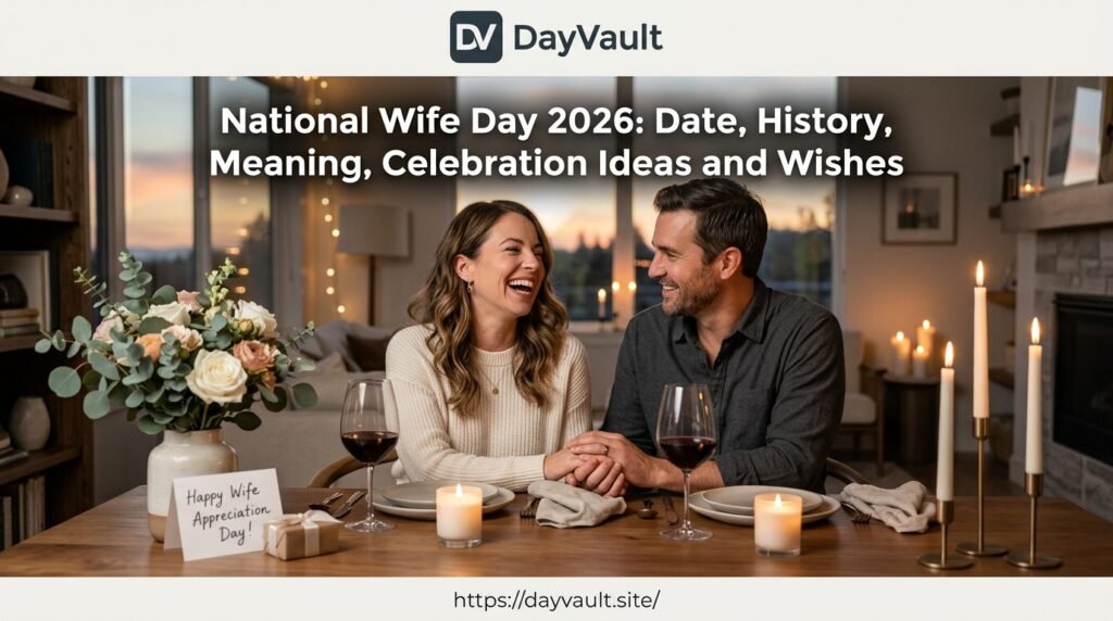 National Wife Day 2026 couple celebrating Wife Appreciation Day with flowers and appreciation card