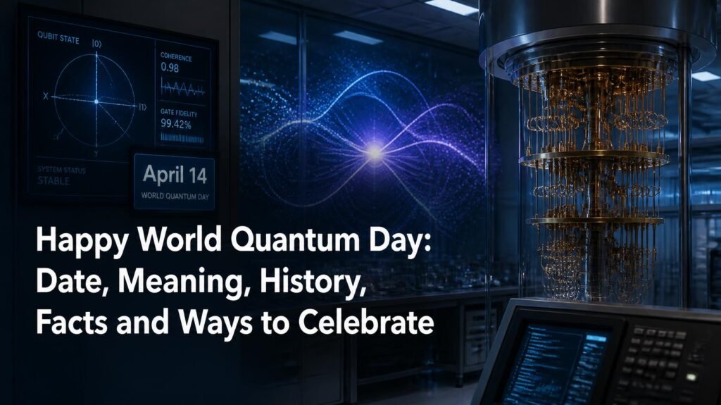 Realistic illustration of quantum science with glowing particles, a quantum computer interface, and April 14 World Quantum Day theme