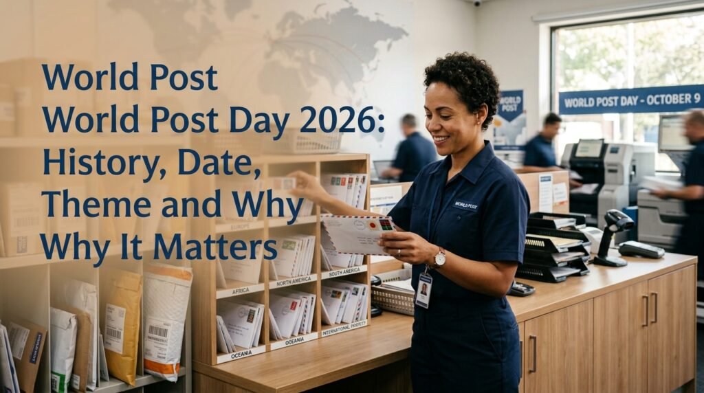 World Post Day 2026 celebration with postal workers, letters, stamps, and mail delivery
