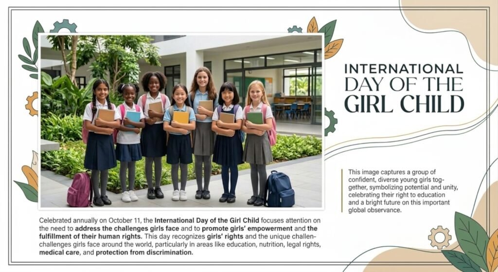 Girls from diverse backgrounds standing together to celebrate the International Day of the Girl Child and promote education, equality, and empowerment.