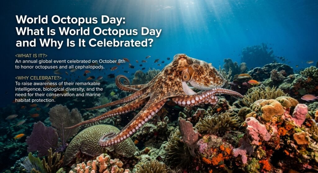 Octopus swimming underwater for World Octopus Day