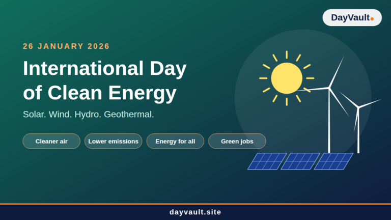 International Day of Clean Energy showing solar panels and wind turbines producing renewable energy in a green landscape