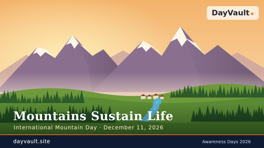 International Mountain Day celebration featuring majestic mountains, green valleys, forests, and snow-covered peaks