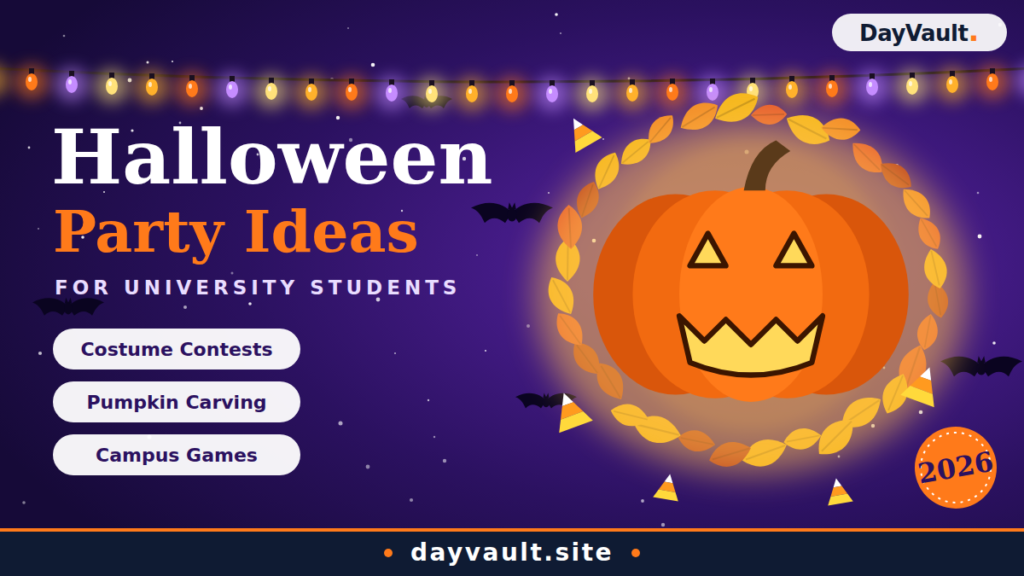 Helloween day celebrations in universities with students in creative costumes at a decorated campus event