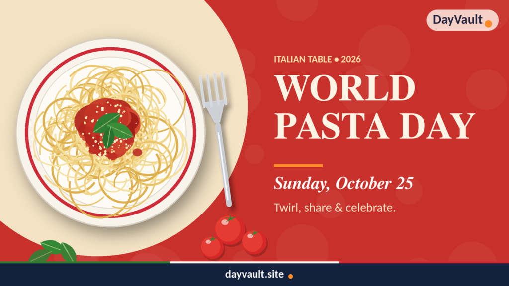 World Pasta Day celebration featuring a plate of pasta with tomato sauce, fresh basil, and grated cheese