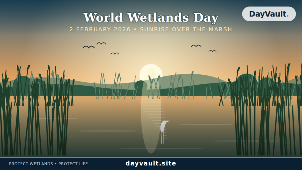 World Wetlands Day highlighting a beautiful wetland ecosystem with green vegetation, birds, and clean water.